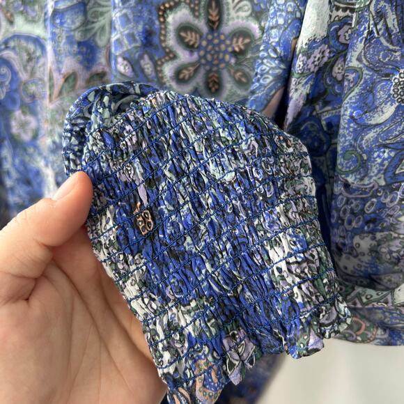 MARIE OLIVER Irena Mini Dress Size Large Silk Metallic Ruffle Smocked Boho Chic - Picture 9 of 15